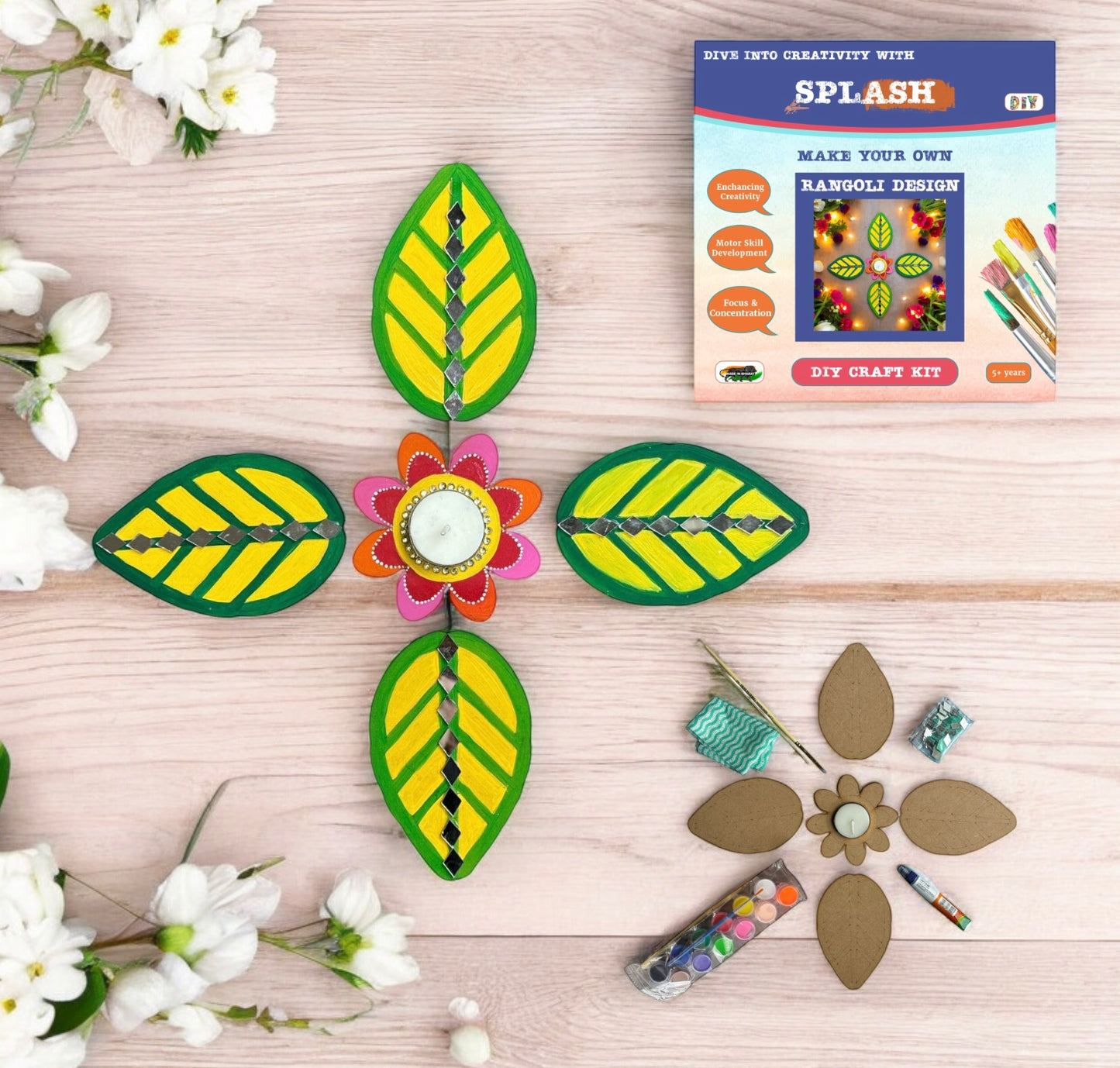 Floral Tea Light and Leaf Rangoli Design DIY Kit I SPLASH DIY Kit
