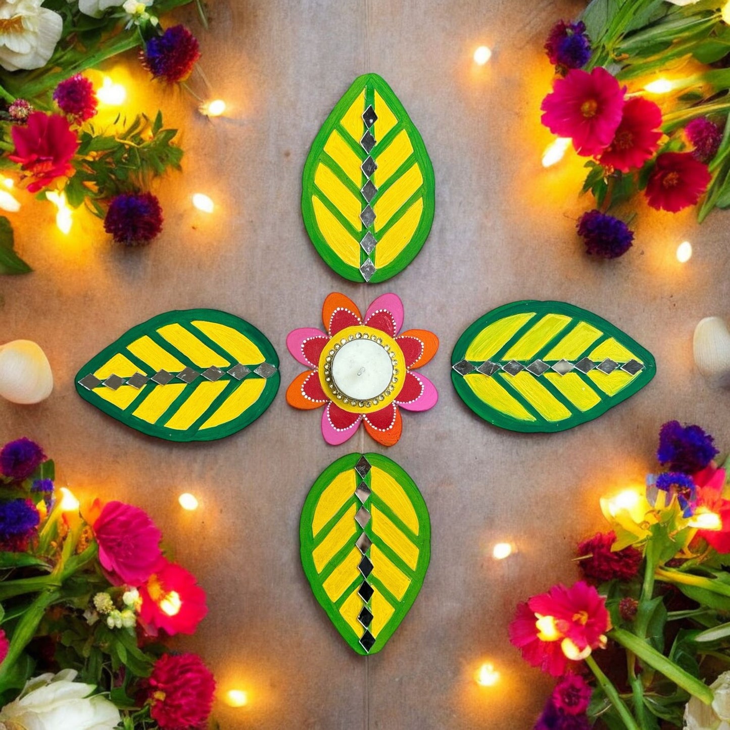Floral Tea Light and Leaf Rangoli Design DIY Kit I SPLASH DIY Kit